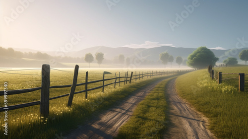 winding road near the wooden fence through with lonely tree on hillside. AI Generative