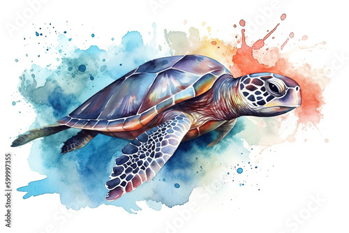 Big sea turtle. Splashes and waves, watercolor painting. Generative AI