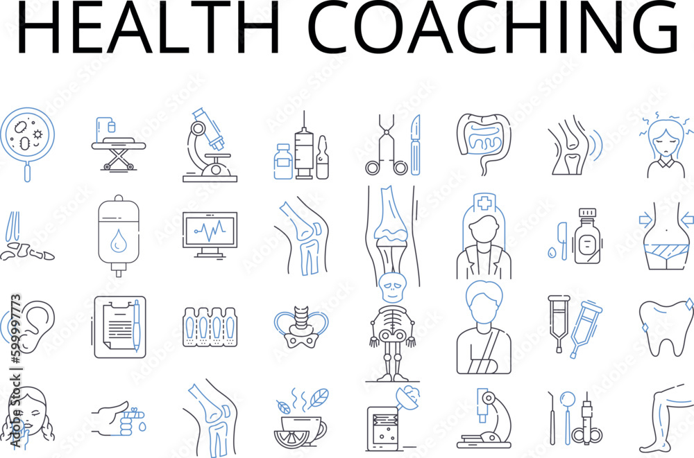 Health coaching line icons collection. Wellness coaching, Personal training, Fitness guidance, Nutrition coaching, Lifestyle coaching, Health education, Weight loss coaching vector and linear