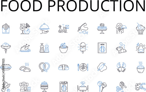 Food production line icons collection. Agriculture, Culinary arts, Farming, Cultivation, Harvesting, Fishing, Livestock vector and linear illustration. Ranching,Agronomy,Aquaculture outline signs set