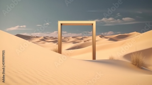 A wooden frame standing alone in the vastness of a desert landscape. Generative ai
