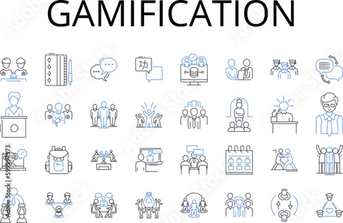 Gamification line icons collection. Skill-building, Puzzle-solving, Engagement strategy, Behavior modification, Motivational manipulation, Edutainment, Learning play vector and linear illustration