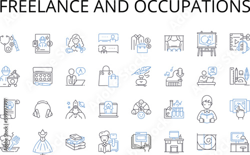 Freelance and occupations line icons collection. Self-employed, Consultant, Contractor, Entrepreneur, Independent, Solopreneur, Gig worker vector and linear illustration. Virtual assistant,Creative