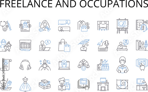 Freelance and occupations line icons collection. Self-employed, Consultant, Contractor, Entrepreneur, Independent, Solopreneur, Gig worker vector and linear illustration. Virtual assistant,Creative