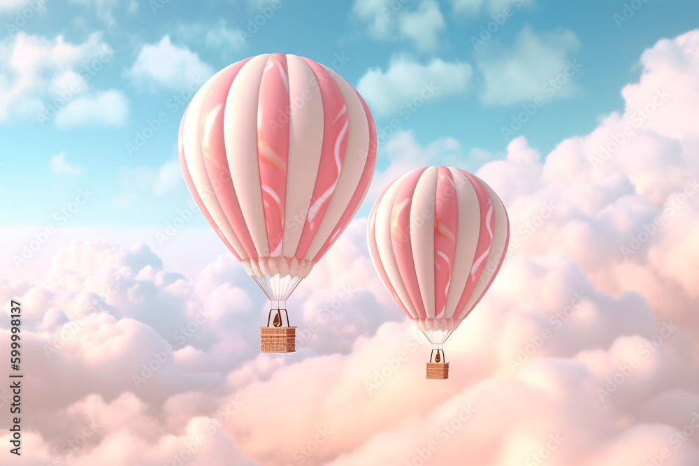 Fototapeta premium Pink and white pastel hot air balloons on a pastel sky. Colorful clouds behind colorful hot air balloons