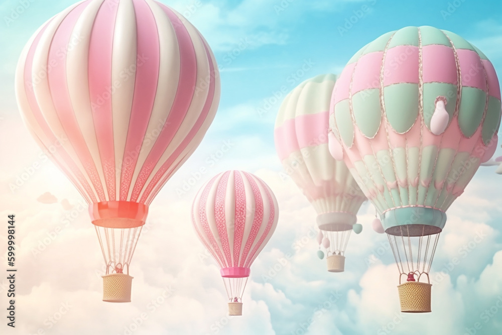 Fototapeta premium Pink and white pastel hot air balloons on a pastel sky. Colorful clouds behind colorful hot air balloons