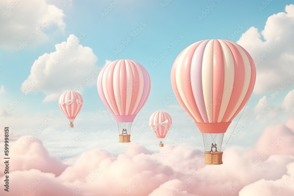Pink and white pastel hot air balloons on a pastel sky. Colorful clouds behind colorful hot air balloons