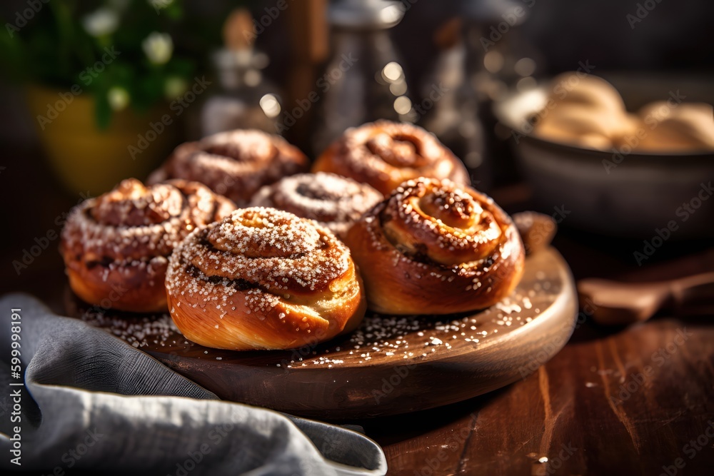 delicious kanelbullar with cinnamon and sugar, Swedish style, Generative AI delicious kanelbullar with cinnamon and sugar, Swedish style, Generative AI