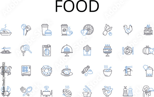 Food line icons collection. Beverage, Cuisine, Grub, Nourishment, Repast, Chow, Eats vector and linear illustration. Fare,Meal,Snacks outline signs set