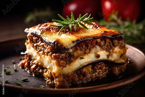 flavorful moussaka with eggplant and beef, Greek style, Generative AI