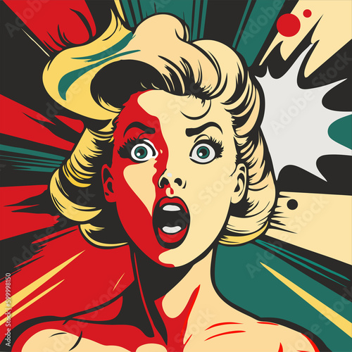 Vintage style pop art. Surprised and excited the girl who says wow. Vector illustration, cartoon style. Portrait of a beautiful girl.