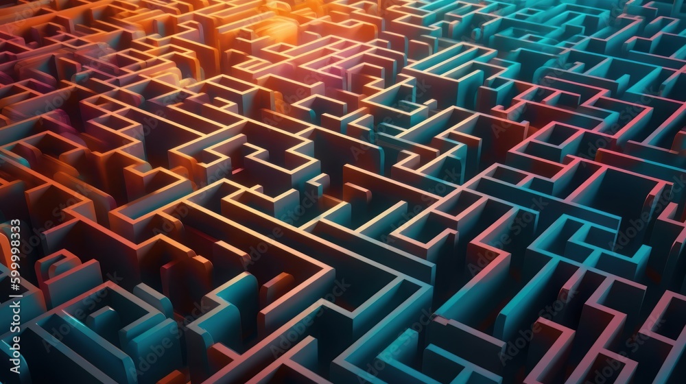 A maze with a glowing center. Generative ai - obrazy, fototapety, plakaty 