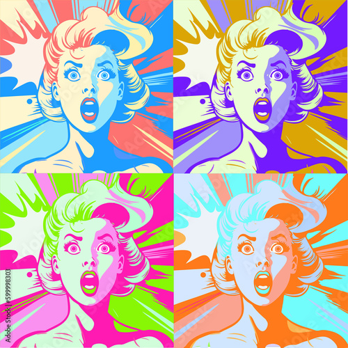 Vintage style pop art. Surprised and excited the girl who says wow. Vector illustration, cartoon style. Portrait of a beautiful girl.