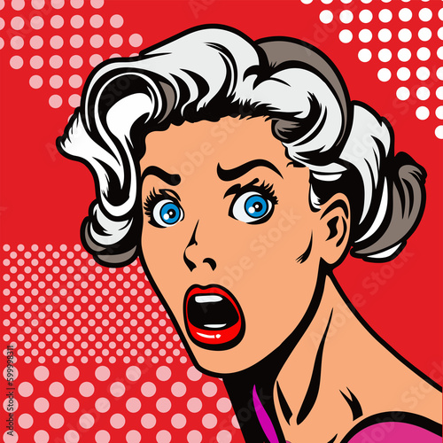 Vintage style pop art. Surprised and excited the girl who says wow. Vector illustration, cartoon style. Portrait of a beautiful girl.