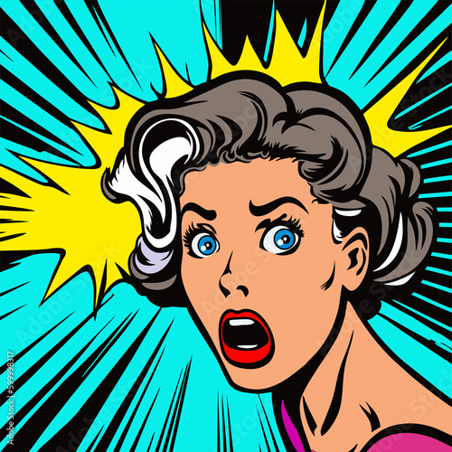 Vintage style pop art. Surprised and excited the girl who says wow. Vector illustration, cartoon style. Portrait of a beautiful girl.