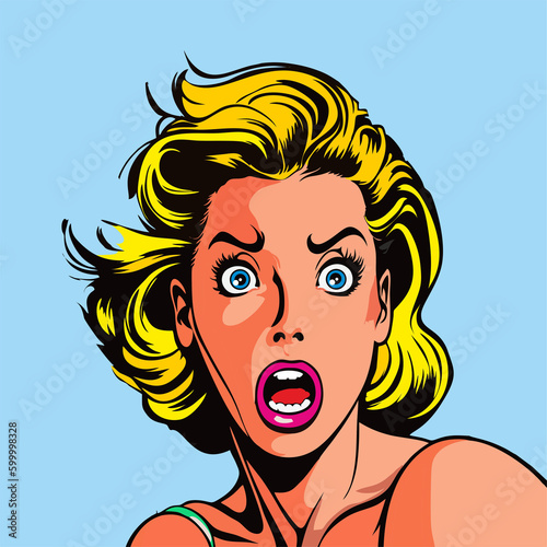 Vintage style pop art. Surprised and excited the girl who says wow. Vector illustration, cartoon style. Portrait of a beautiful girl.
