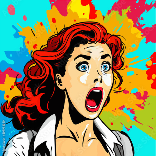 Vintage style pop art. Surprised and excited the girl who says wow. Vector illustration, cartoon style. Portrait of a beautiful girl.