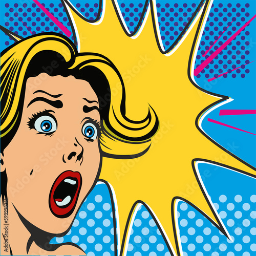 Vintage style pop art. Surprised and excited the girl who says wow. Vector illustration, cartoon style. Portrait of a beautiful girl.