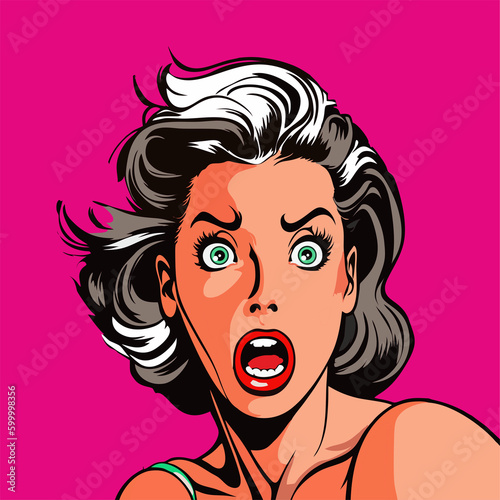 Vintage style pop art. Surprised and excited the girl who says wow. Vector illustration, cartoon style. Portrait of a beautiful girl.