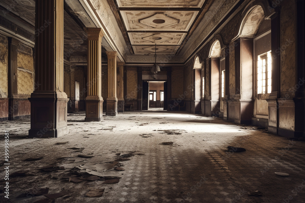 A spooky abandoned hotel with faded grandeur and secrets  - obrazy, fototapety, plakaty 