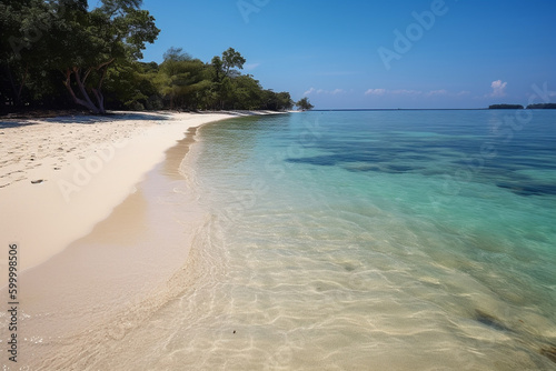 A tranquil secluded beach with crystal clear waters and beautiful beach 