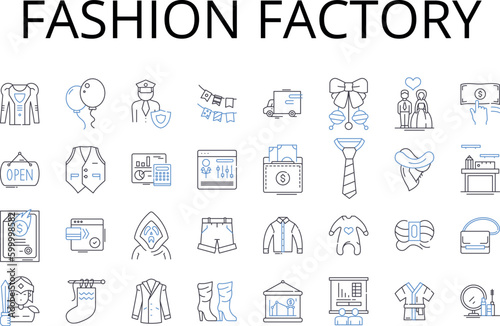 Fashion factory line icons collection. Clothing workshop  Style production center  Apparel mill  Trend hub  Garment manufacturing unit  Couture factory  Clothing refinery vector and linear