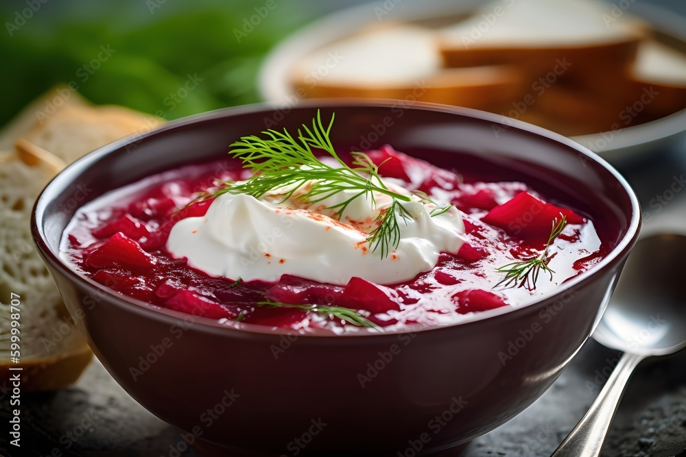 delicious borscht with beetroot and sour cream, Ukrainian style, Generative AI delicious borscht with beetroot and sour cream, Ukrainian style, Generative AI