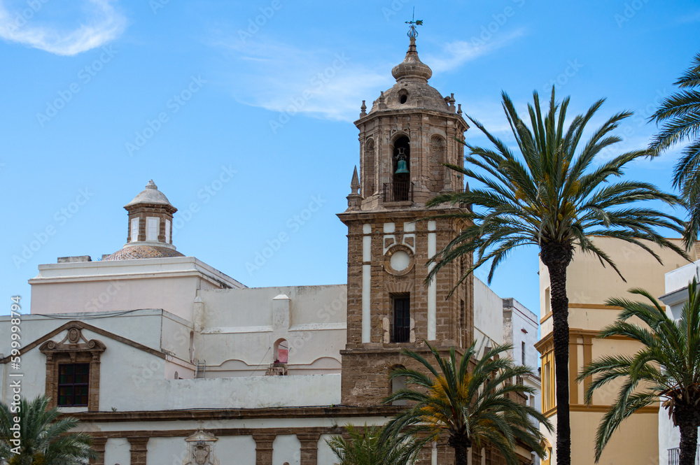 Cathedral square in historical city center in Cadiz, Spain on April 30, 2023