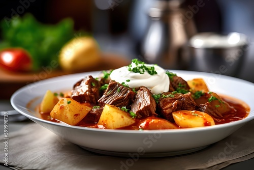 goulash with beef and potatoes, Hungarian style, Generative AI