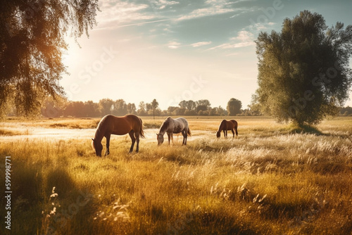 A herd of wild horses grazing in a peaceful meadow © HY