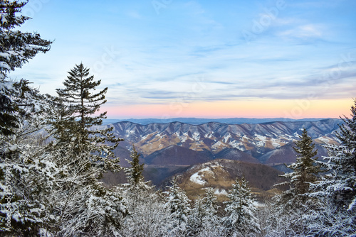 Mountains overview at the top of the highest peak in the Allegheny Mountains, West Virginia, USA snow surroundings	 photo