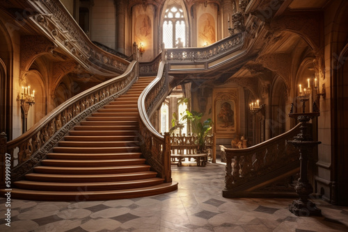 A grand majestic castle with winding staircases and medieval interior decoration and furniture © HY