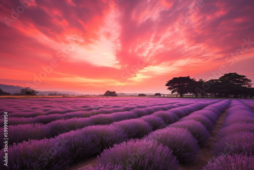 A field of lavender under a pastel colored sunset