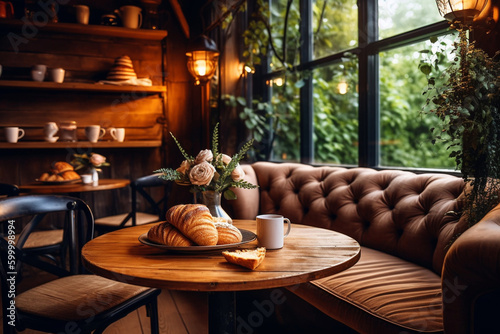 Interior of a rustic coffee shop with a fireplace and comfortable seating space