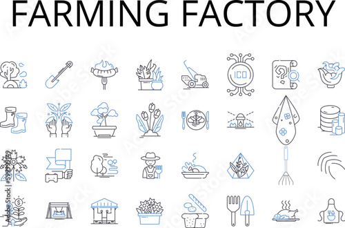 Farming factory line icons collection. Automobile plant, Meat factory, Fishery plant, Textile mill, Power station, Paper mill, Iron foundry vector and linear illustration. Brewery factory,Furniture
