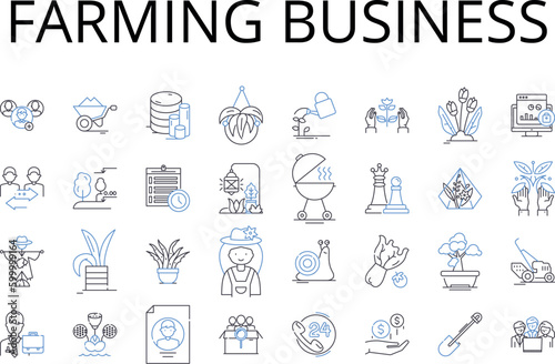 Farming business line icons collection. Retail market  Automotive industry  Tourism sector  Health services  Food service  Education sector  Banking industry vector and linear illustration. Real