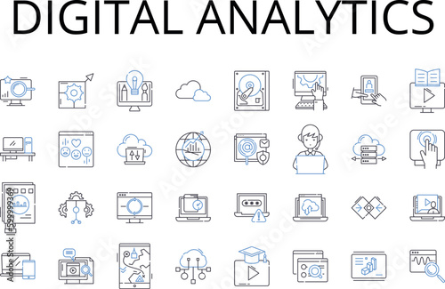 Digital analytics line icons collection. Information technology, Social media, Online programming, Data management, Internet marketing, Artificial intelligence, Computer science vector and linear