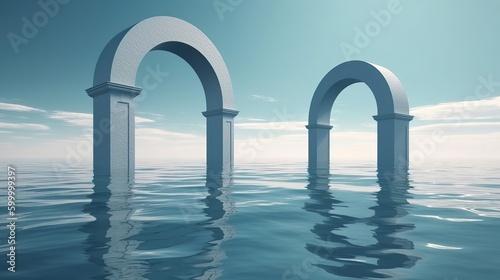 An arch formation in clear blue water with a stunning sky background. Generative ai