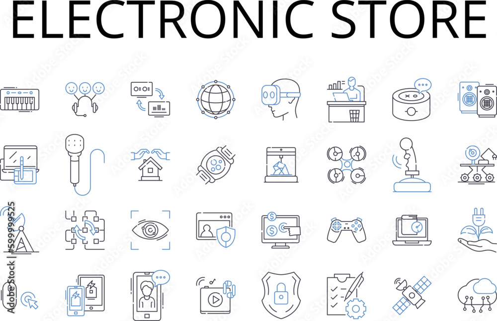 Electronic store line icons collection. Gadget shop, Tech store, Device retailer, Digital emporium, Computer mart, Multimedia outlet, Audiovisual depot vector and linear illustration. Electronic