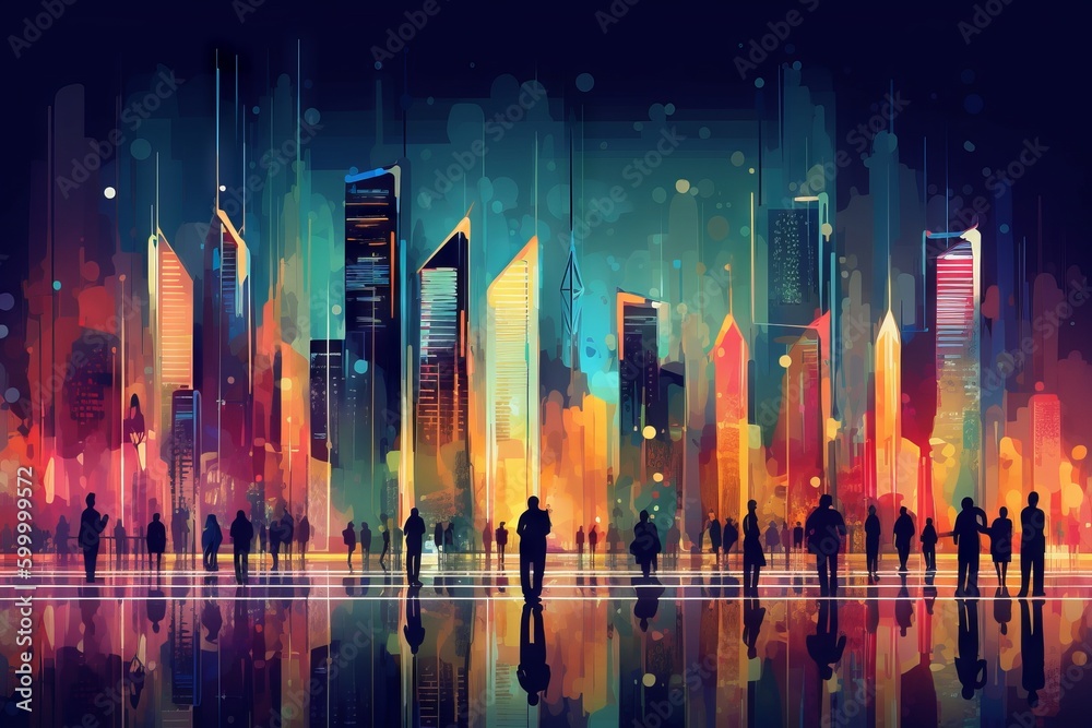 Vibrant Nightlife in the City: Colorful Abstract Illustration of Modern People, Generative AI