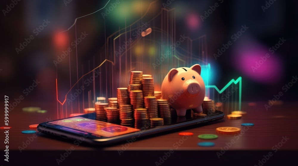 Stocks and mutual funds return, long term investment with icon illustration explaining money stock graph and savings concept with generative AI - obrazy, fototapety, plakaty 