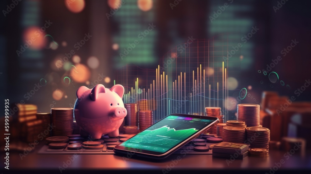Stocks and mutual funds return, long term investment with icon illustration explaining money stock graph and savings concept with generative AI