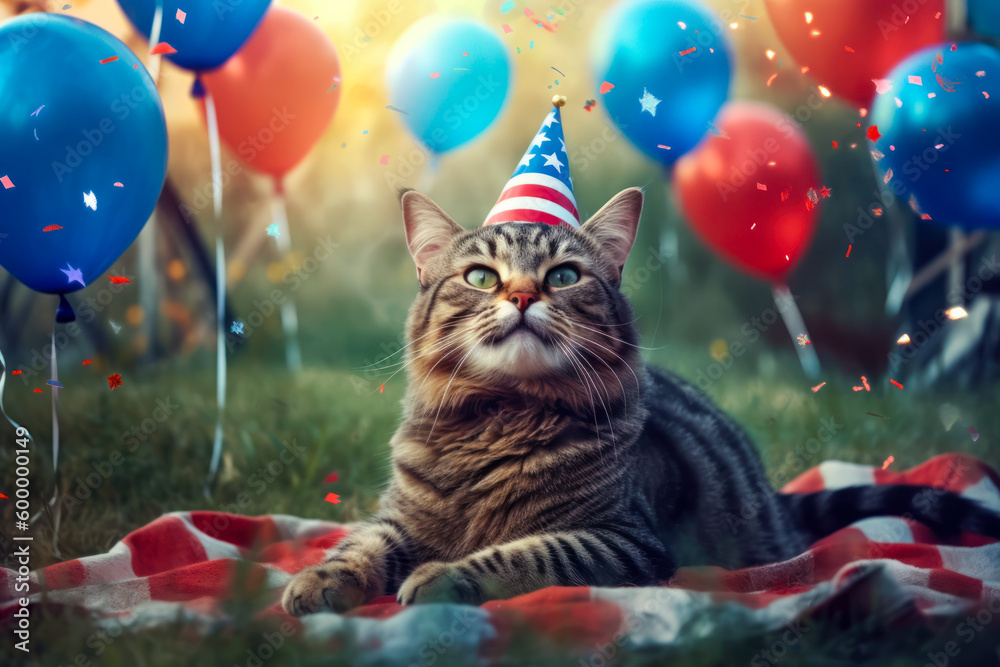 Cat celebrating 4th of July. Generative AI Cat celebrating 4th of July. Generative AI