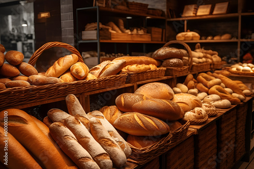 Fresh bread on bakery counter, Different types of delicious bread loaves, bread buns, bread rolls, baguettes, and bagels on baker shop shelves in baskets. generative ai photo