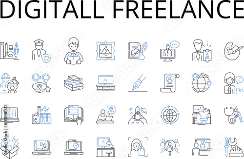 Digitall Freelance line icons collection. Online Entrepreneur, Virtual Contractor, Remote Consultant, E-Commerce Guru, Digital Marketer, Tech Maverick, Web Designer vector and linear illustration