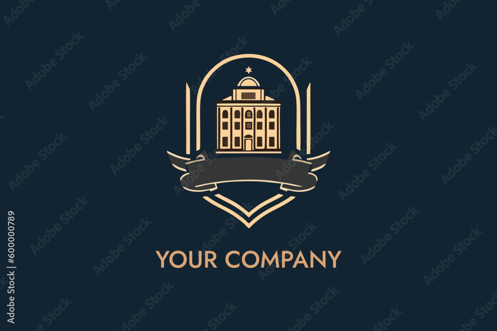 vector of emblem with university, school, or company building logo. gold color