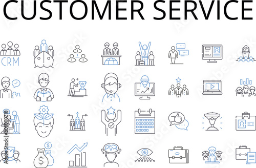 Customer service line icons collection. Client relations, Customer satisfaction, Consumer support, Guest experience, Patron assistance, Shopper service, Visitor support vector and linear illustration
