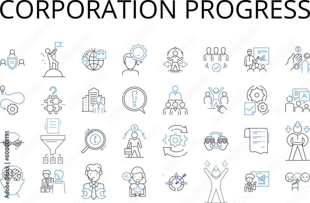 Corporation progress line icons collection. Business expansion, Company development, Enterprise growth, Organization advancement, Firm evolution, Establishment progress, Consortium improvement vector