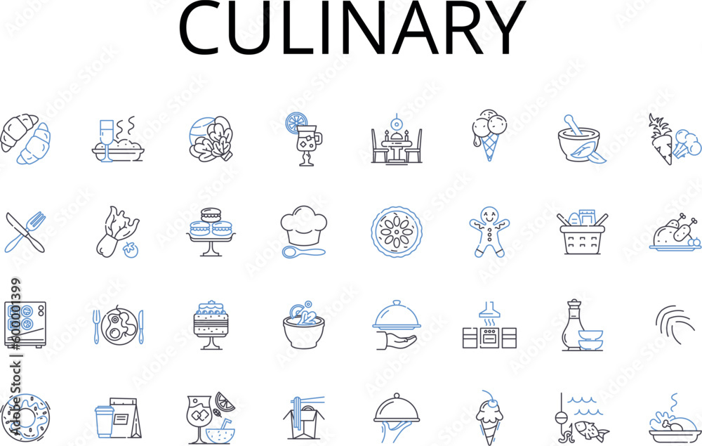Culinary line icons collection. Delicious cuisine, Gastronomic delight, Tasty cookery, Savory cuisine, Delectable dishes, Flavorful food, Palatable meals vector and linear illustration. Appetizing