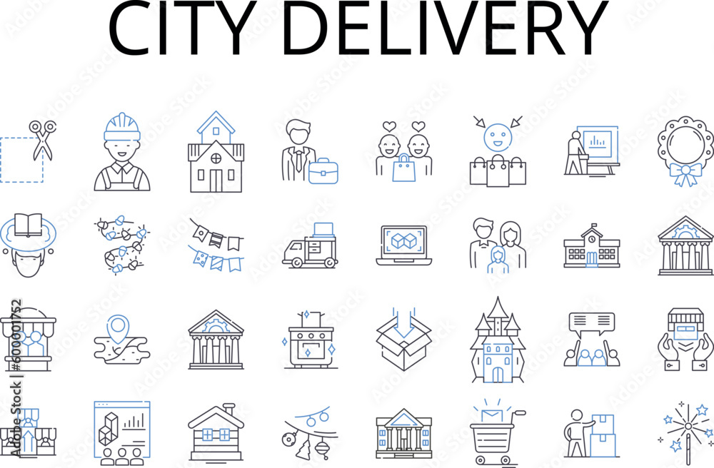 City delivery line icons collection. Urban courier services, Package drop-off in the town, Downtown parcel delivery, Downtown courier solutions, Postal delivery within cities, Metropolitan mail